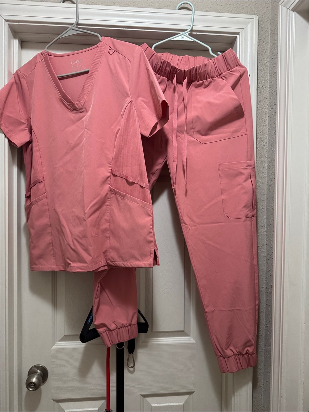 Hanes Pink Scrub Top and Jogger Pants Set